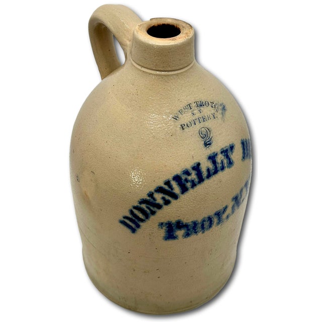 Ceramic Antique American Blue Decorated 2 Gallon Stoneware Advertising Jug by West Troy Pottery Co. New York Circa 1880s For Sale - Image 7 of 18