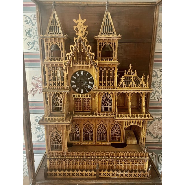 Brown Large Antique Victorian Fretwork Clock Case Castle in Cabinet For Sale - Image 8 of 15