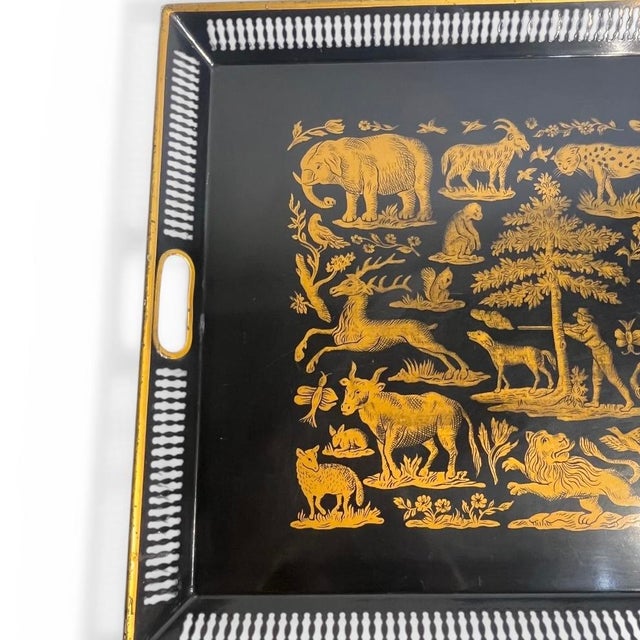 French Black & Gold Tole Tray – Hollywood Regency Hunt Scene, Fornasetti Style, Large Decorative Tray For Sale - Image 3 of 10