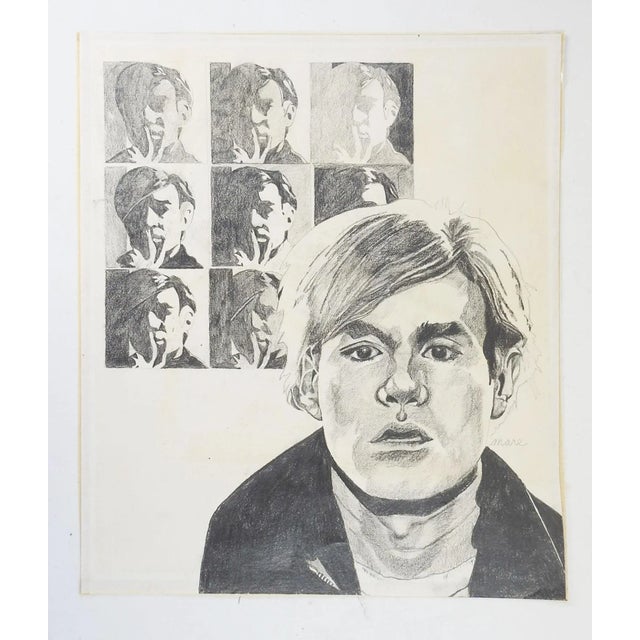 Vintage mid century pencil on paper drawing of Andy Warhol with his self portrait in the background. Signed Mare on left...