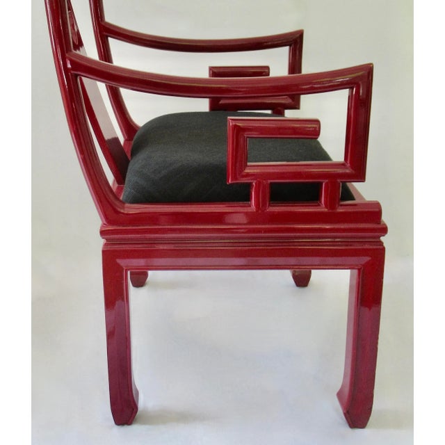 C.1980's High Gloss Candy Apple Red Lacquered Asian Ming-Style Lounge Chair With "Greek Key" Scroll Arms With Donghia Textile For Sale - Image 16 of 18
