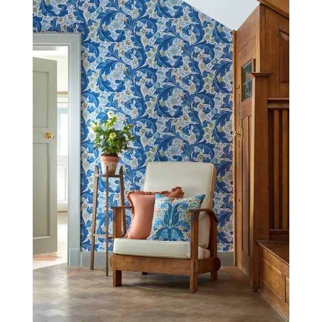 English Morris & Co Spring Thicket Fabric in Paradise Blue/Peach - a Sample For Sale - Image 3 of 3