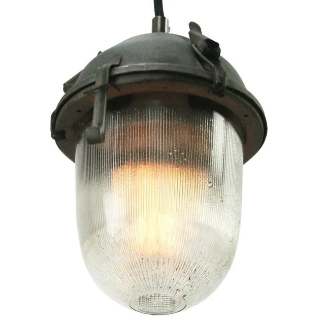 Vintage Industrial Pendant Light in Grey and Clear Striped Glass For Sale - Image 4 of 6