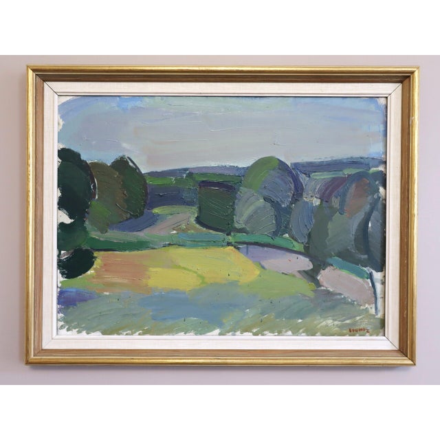 FIELDS BEYOND Size: 23.6 x 30.7 inches (including frame) Oil on canvas A wonderfully expressive mid-century landscape...