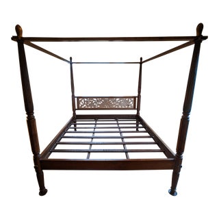 1990s Super King Size Solid Teak Balinese Four-Poster Canopy Bed With Carved Headboard For Sale