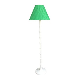 Vintage Bamboo Swing Arm Floor Lamp With Paris Green Rattan Shade For Sale