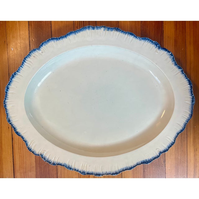 Late 18th Century Large Antique 18th Century English George III Creamware Blue Shell Edge or Feather Edge Oval Platter Circa 1790 For Sale - Image 5 of 9