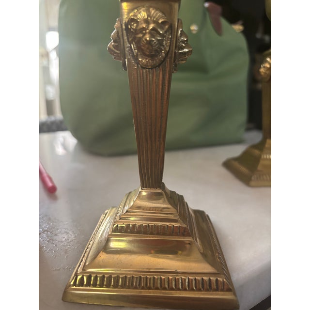 A Pair of MCM Brass Candle Holders With Lion Face For Sale - Image 4 of 4