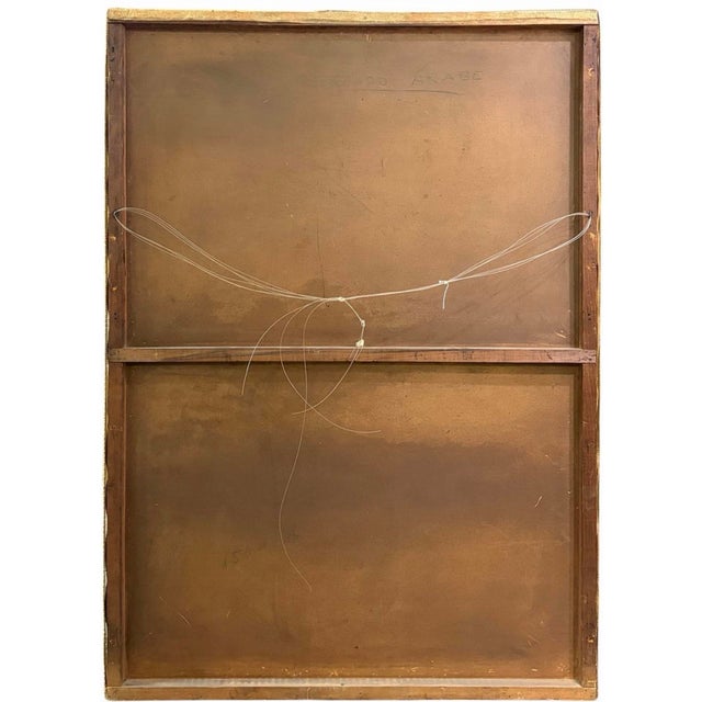 Orientalist oil painting on canvas depicting a Middle Eastern market scene with robed figures, produce baskets, and domed...