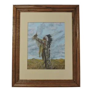 1980s American Studio Art Hand Painted Oil on Canvas Native American Art Shaman Painting by R Gelbmann, Framed
