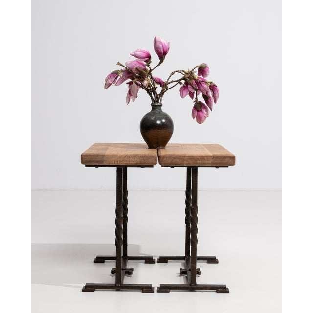 Mid-Century Modern 1970s Pair Of Oak Side Tables With Iron Base For Sale - Image 3 of 15