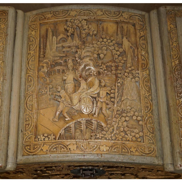 Beige Antique Chinese Export Heavily Carved Camphor Wood Linen Toy Chest, 1920s For Sale - Image 8 of 18