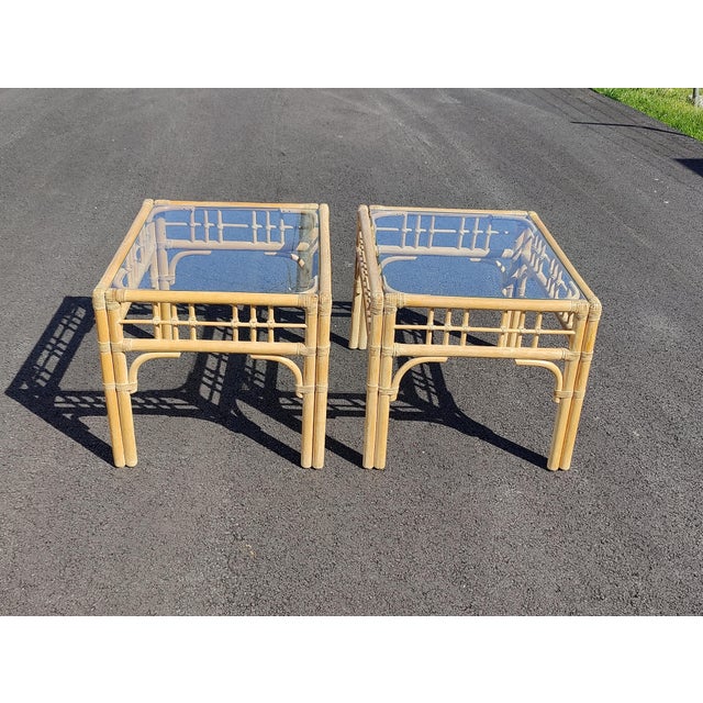 Wood Vintage 3pc Rattan Wicker Bamboo Glass Coffee Table & Pair 2 Side End Tables For Sale - Image 7 of 10