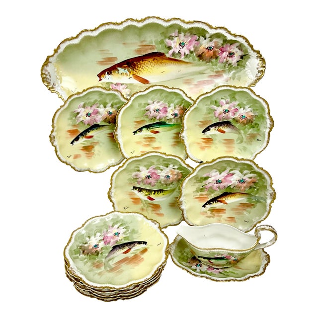 1800s Antique French Limoges Porcelain George Borgfeldt Fish Game Dinnerware Set - 13 Pieces, Service for 10. For Sale
