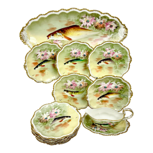 1800s Antique French Limoges Porcelain George Borgfeldt Fish Game Dinnerware Set - 13 Pieces, Service for 10
