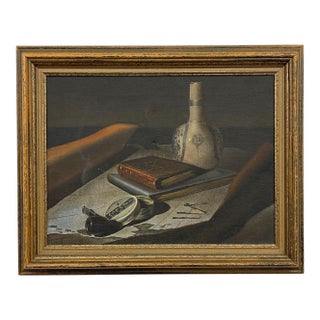 Vintage Still Life Painting With Bottle, Book, Pipe - Signed by Cannon For Sale