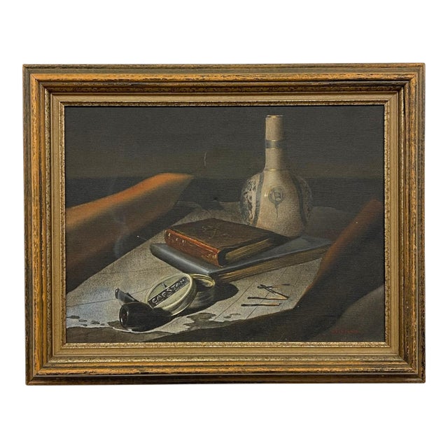 Vintage Still Life Painting With Bottle, Book, Pipe - Signed by Cannon For Sale