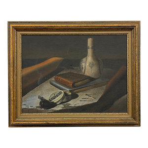 Vintage Still Life Painting With Bottle, Book, Pipe - Signed by Cannon