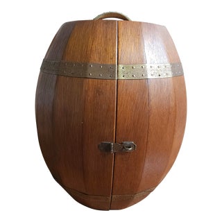 Mid-Century Oak Barrel Wall Hanging Bar Cabinet With a Collection of 11 Glasses For Sale