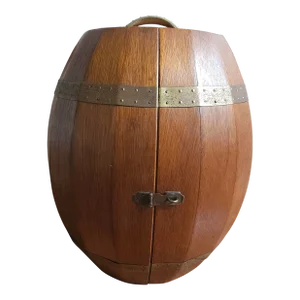 Mid-Century Oak Barrel Wall Hanging Bar Cabinet With a Collection of 11 Glasses