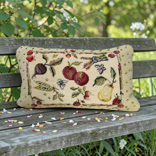 Vintage lumbar decorative needlepoint pillow. All over pattern of fruit and vegetables. Velvet back with hidden zipper....