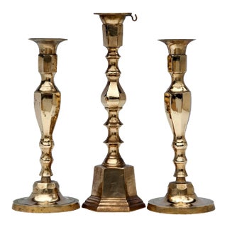 Mid 20th Century Polished Brass Candlesticks- Set of 3 For Sale