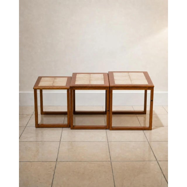 Mid-Century Modern 1970s Vintage Scandinavian Tiled Teak Nesting Tables (Set of 3) For Sale - Image 3 of 6