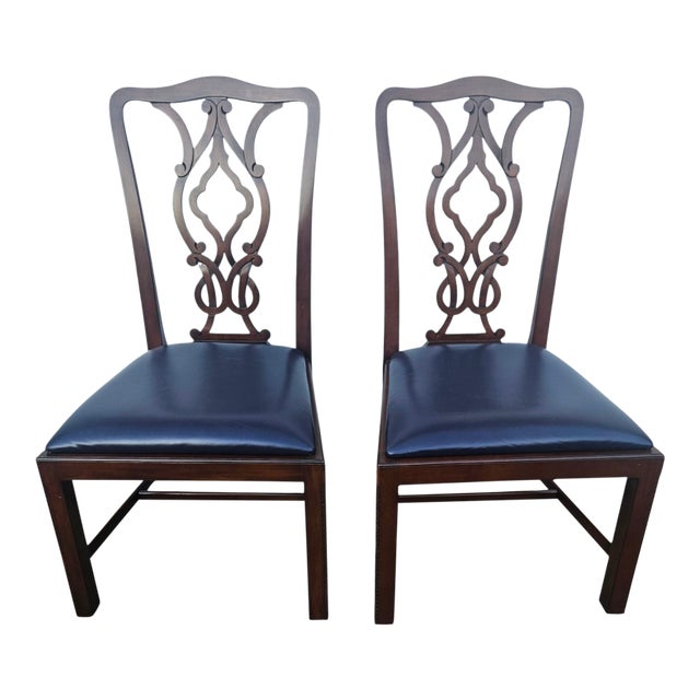 2 Chippendale Dining Room Side Chairs 18th Century Mahogany Navy Leather Carved For Sale