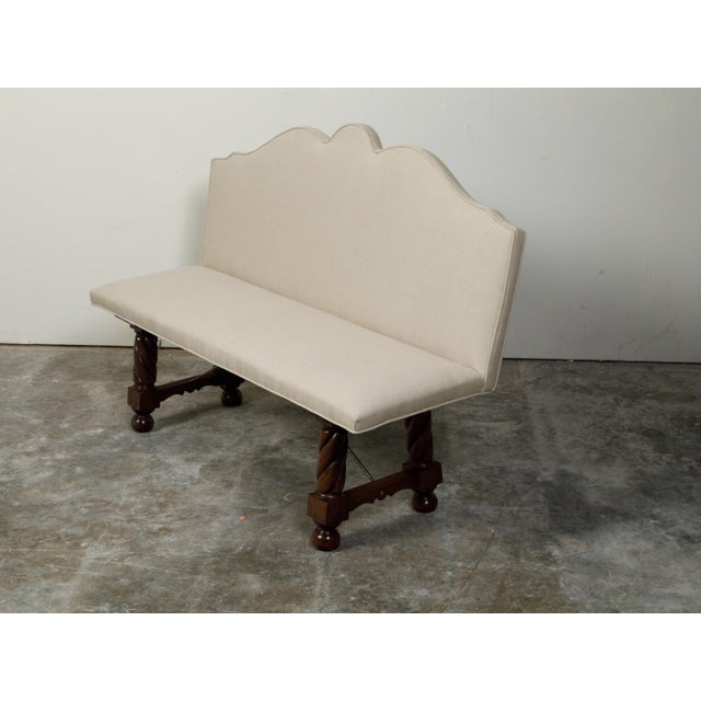 Italian Italian 19th Century Walnut Upholstered Bench with Twisted Base, Iron Stretcher For Sale - Image 3 of 8