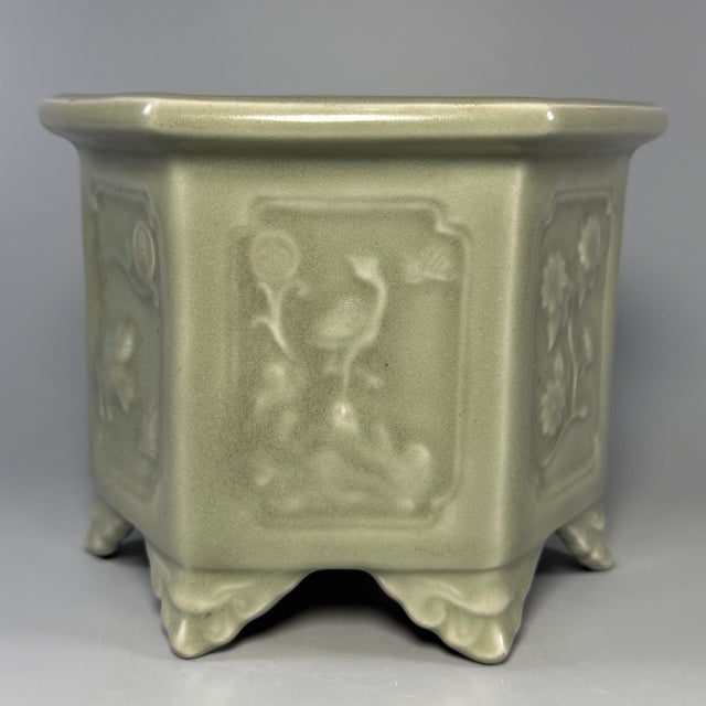 Vintage‑style Chinese Longquan Celadon Hexagonal Footed Pot With Relief Motifs For Sale - Image 4 of 6