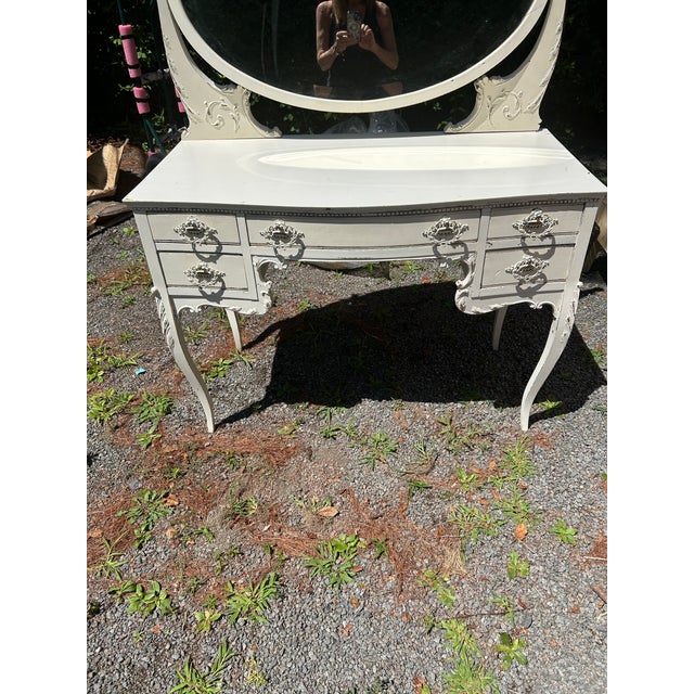Charming White Painted Wood Vanity With Oval Mirror For Sale - Image 15 of 17