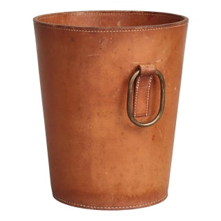 Paper Basket in Patinated Saddle Leather and Brass attributed to Carl Auböck, 1950s For Sale