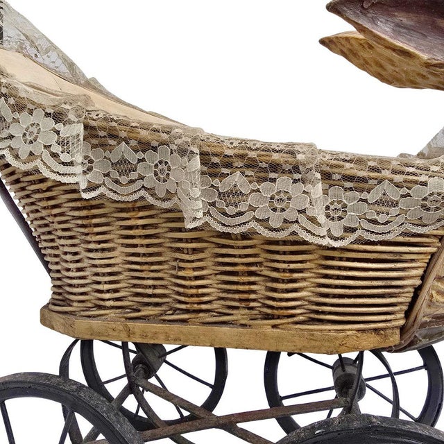Wood Antique American Wicker & Composition Rabbit-Form Figural Doll Carriage With Original Lining For Sale - Image 7 of 13