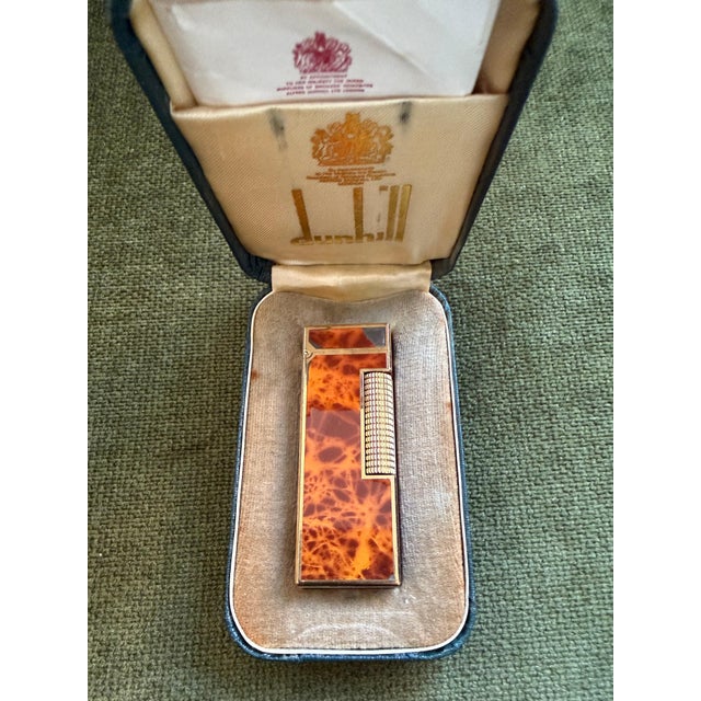 Rare Vintage Dunhill Gold Plated Cognac Marble Lacquer Lighter Original Sky Case For Sale - Image 12 of 15