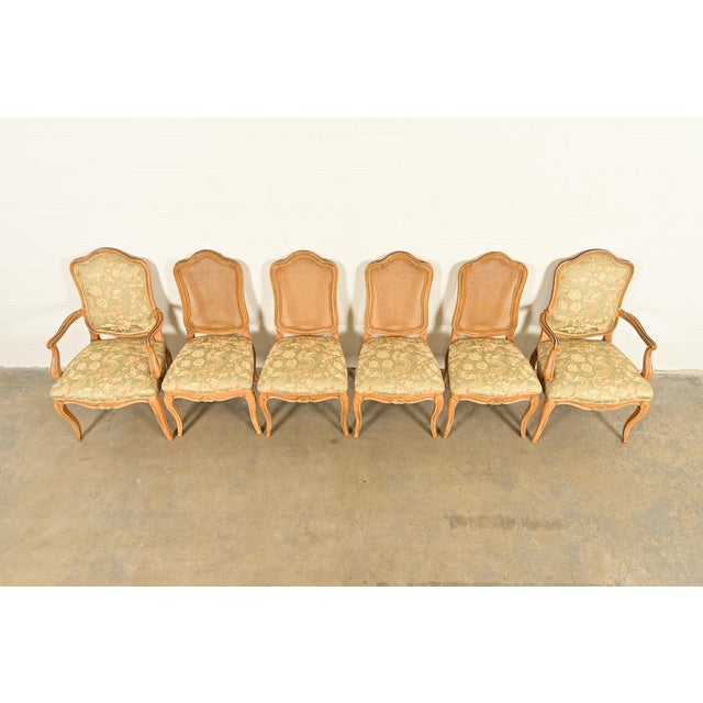 1960s John Stuart French Provincial Louis XV Carved Oak and Cane Back Dining Chairs, Set of Six For Sale - Image 5 of 15