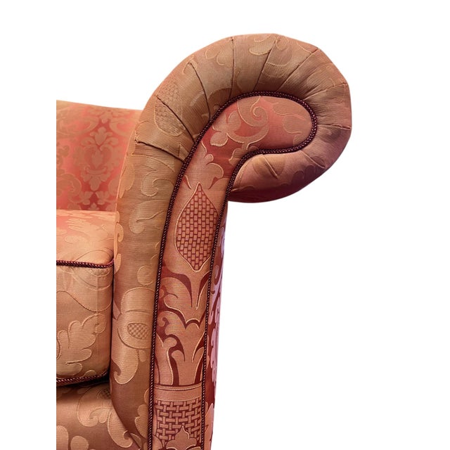 Victorian Kravet Furniture Coral Silk Damask Camelback Loveseat With Bullion Fringe For Sale - Image 3 of 14