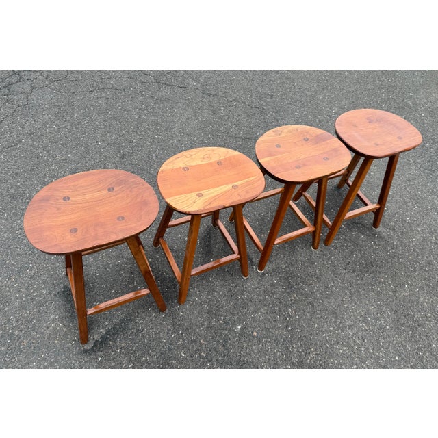 Mid-Century Modern Solid Cherry Saddle Seat Bar Stool by Hunt Furniture Wingdale New York For Sale - Image 3 of 10