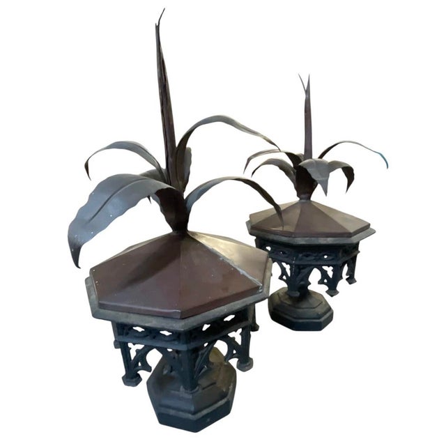Neoclassical Pair of Vintage Neoclassical Cast Iron & Copper Architectural Finials With Wrought Botanical Agave Crests For Sale - Image 3 of 12