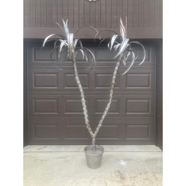1960s Tole Double Palm Tree in Pot Hand Crafted in Italy 1960 - Silver on Aged Bronze Patina For Sale - Image 5 of 16