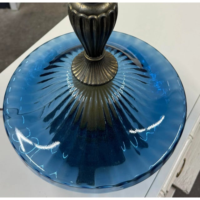 Vintage Monumental Italian Hand Blown Mid-Century Blue Glass and Brass Lamps After Murano-a Pair For Sale - Image 11 of 11