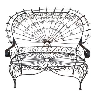 Vintage Attributed to John Salterini Peacock Wrought Iron Black Garden Bench / Loveseat For Sale