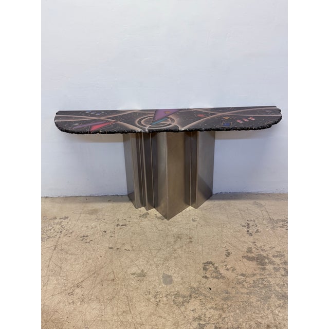 Contemporary studio crafted console table with hand painted granite top on a geometric steel base by Greg Sheres.