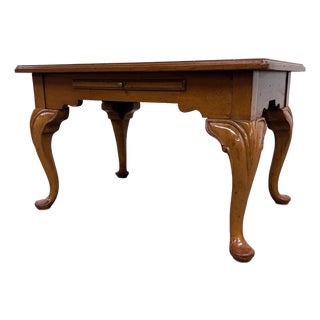 Vintage Queen Anne Style Parquet Style Top Carved Coffee Table W/ Pull Out Tray For Sale