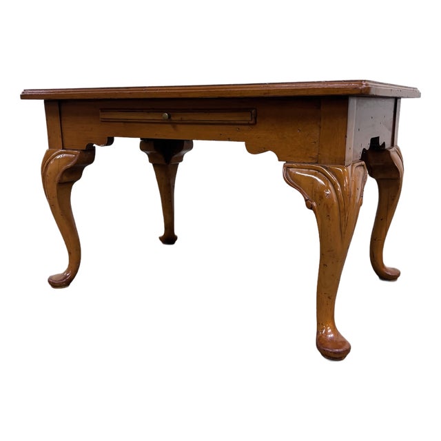 Vintage Queen Anne Style Parquet Style Top Carved Coffee Table W/ Pull Out Tray For Sale
