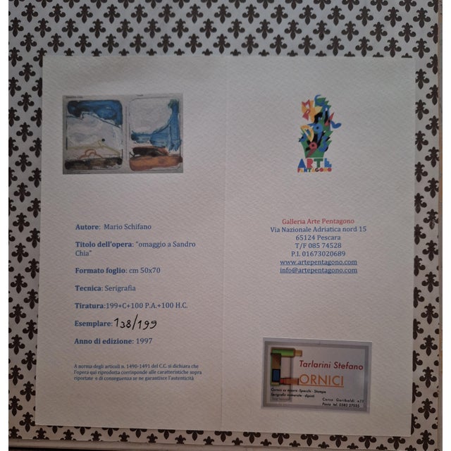 Textured silkscreen with a double, anemic landscape titled "Omaggio a Sandro Chia" by Mario Schifano. Signed in pencil in...