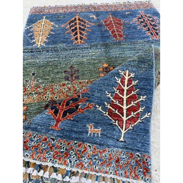Blue Gabbeh Tribal Area Rug, Hand-Knotted Wool, Trees, 3x5, Blue & Green For Sale - Image 8 of 10