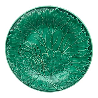 French Green Majolica Leaves Plate Montereau, Circa 1890 For Sale