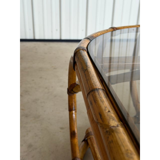 Vintage Coastal Sculptural Rattan Coffee Table With Original Smoked Glass Top For Sale - Image 11 of 12
