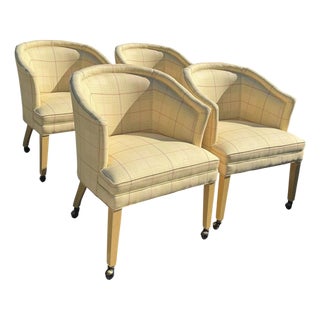 Vintage Sherrill Furniture Bucket Dining Chairs on Casters in Plaid Upholstery, Set of 4 For Sale