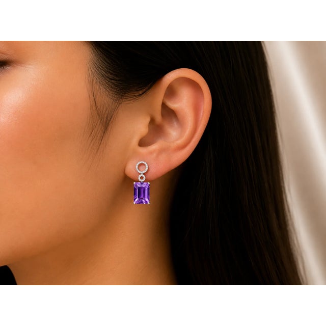 Modern Late 20th Century 18K White Gold Diamond Amethyst Drop Earrings, Pair For Sale - Image 3 of 3
